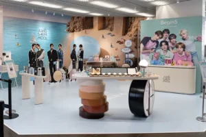 東急プラザ表参道「オモカド」で開催された「JUNGSAEMMOOL」ポップアップイベント。ビーチをイメージした背景パネルとイメージモデル「TWS」のパネル、中央の商品展示カウンターが見える会場全景。