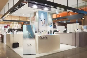 A bright retail booth in a mall selling beauty products, with white counters and product displays and Japanese signage nearby.