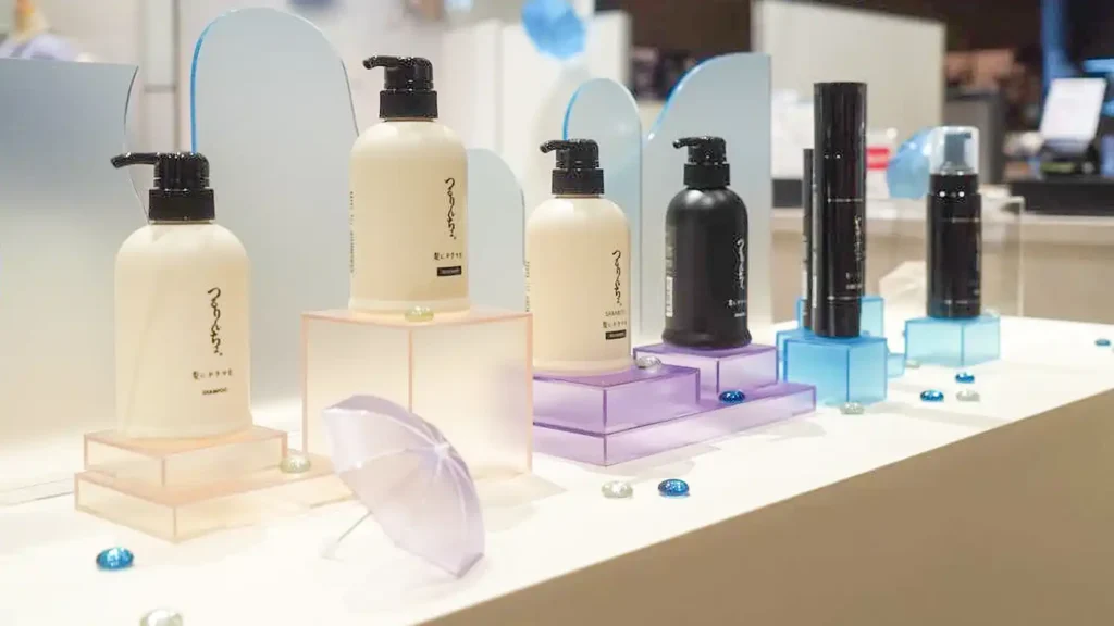 case_kaminidoramawo-03_05 | 株式会社ビーツ(BEEATS) Row of pump bottles in cream, black and blue on pastel acrylic stands in a cosmetic display.