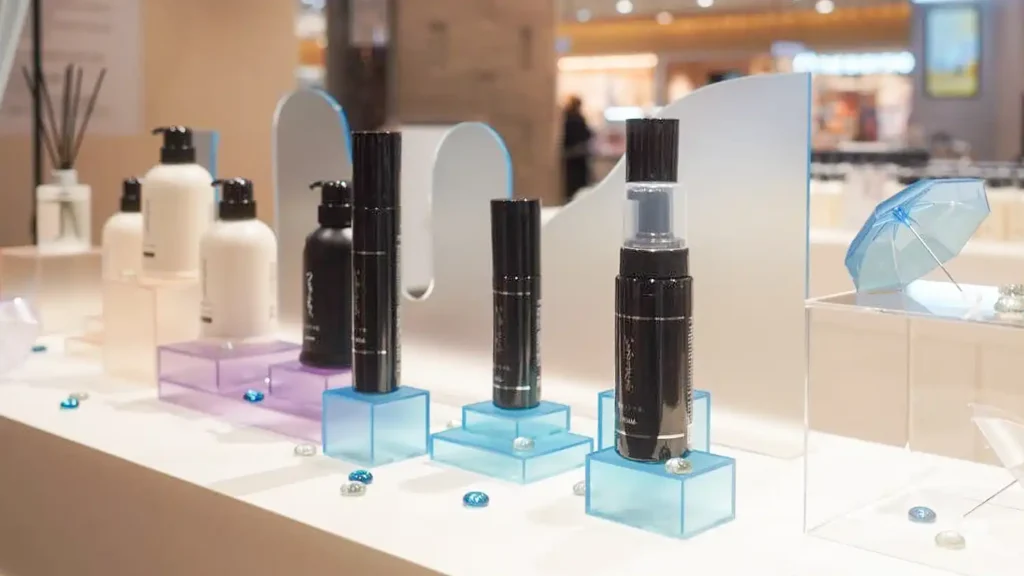 case_kaminidoramawo-03_06 | 株式会社ビーツ(BEEATS) Display of black cosmetic bottles on blue glass blocks in a bright store display.